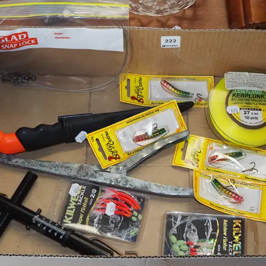 box; fishing lures, line, scales etc