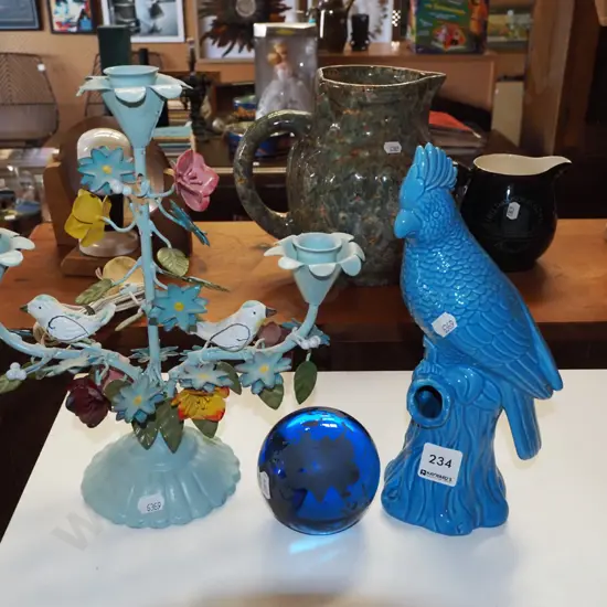 metal tree themed candelabra, ceramic parrot, small globe Tallest H290