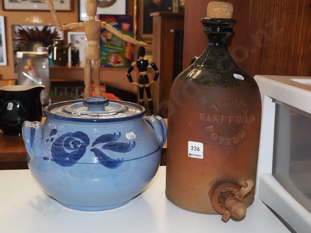 pottery stoppered Wakefield Totara Potteries bottle with spiggot, pottery lidded canister Image 1++
