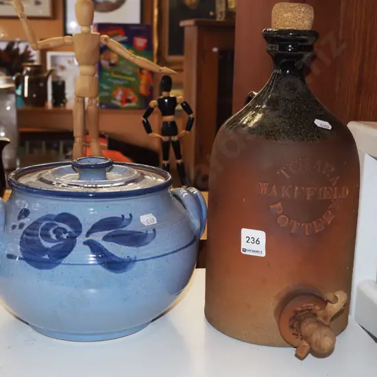 pottery stoppered Wakefield Totara Potteries bottle with spiggot, pottery lidded canister