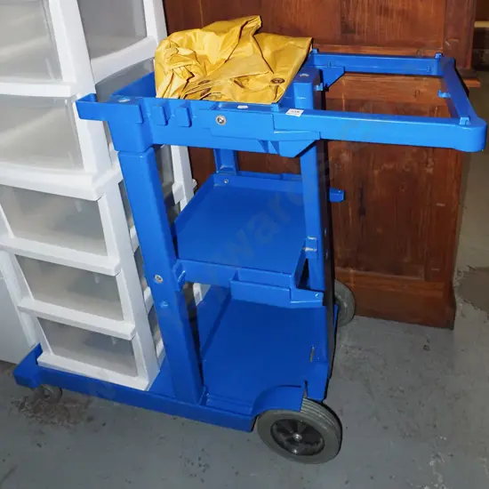 blue plastic cleaner's trolley with laundry bag