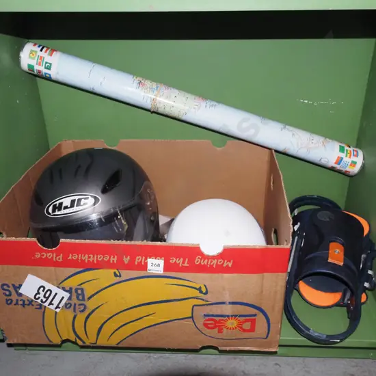box; motorcylce helmet, snowboard bindings, Bern snowboard helmet, map