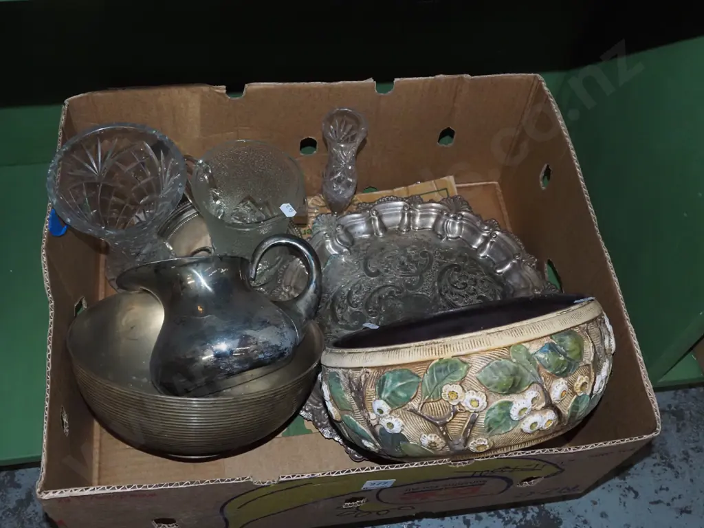 box; crystal vases, plated ware, English floral fruit bowl etc Image 1++