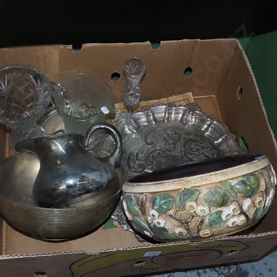 box; crystal vases, plated ware, English floral fruit bowl etc