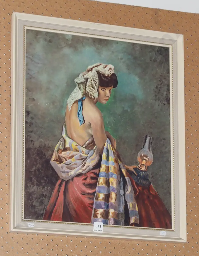 framed oil - woman and kerosene lantern Image 1++