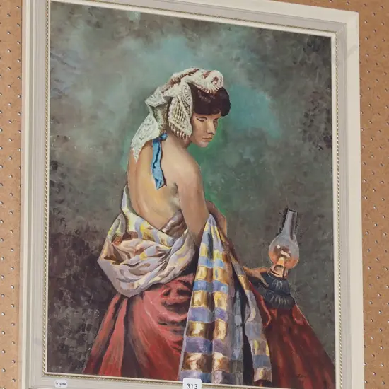 framed oil - woman and kerosene lantern