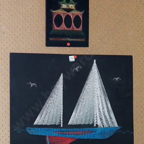 2x framed string pictures - red dots