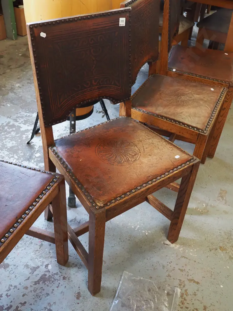 pair of 4 tooled leather and oak dining chairs with domes Image 1++
