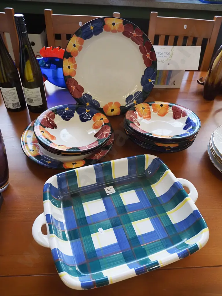 Temuka tartan baking dish, floral plates and bowls Image 1++