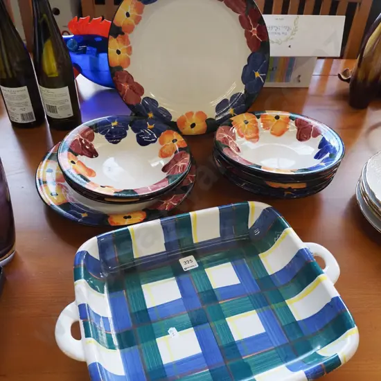 Temuka tartan baking dish, floral plates and bowls