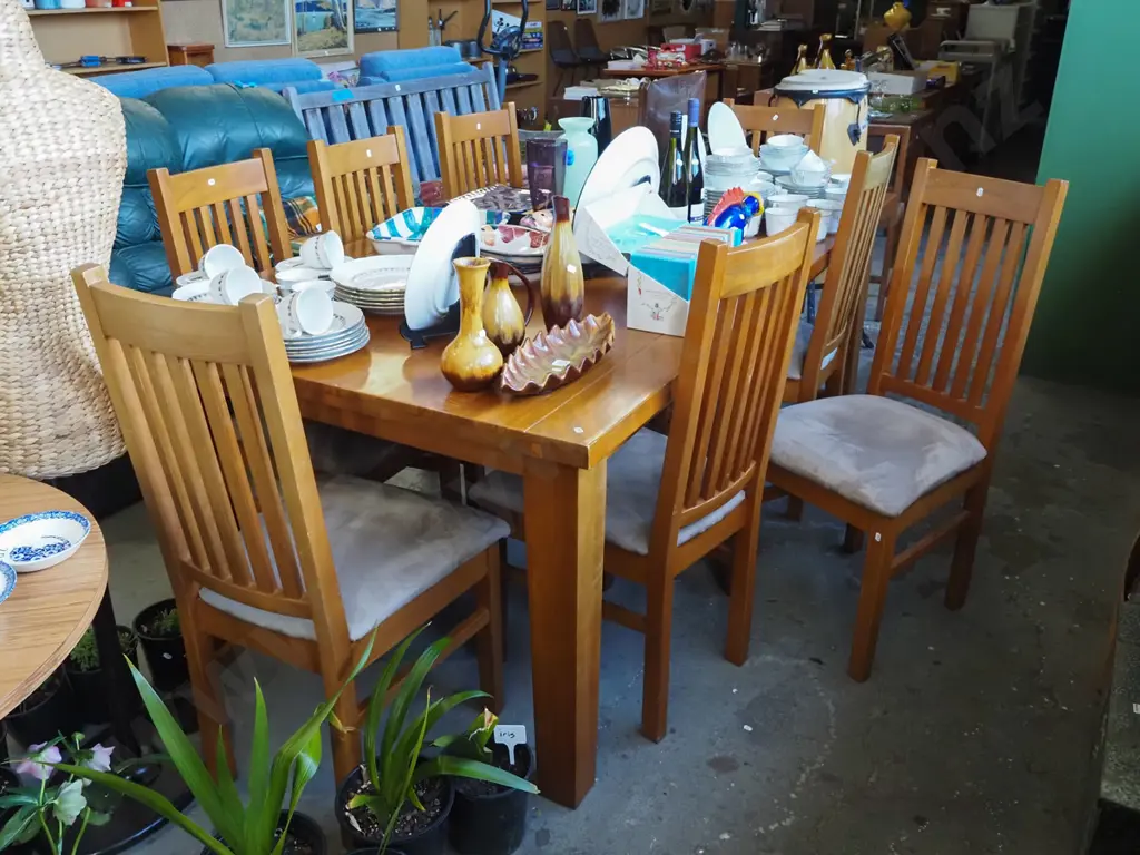 solid rimu and pacific kauri dining table with 6 suedette slat back chairs H770 W2100 D1095 Image 1++