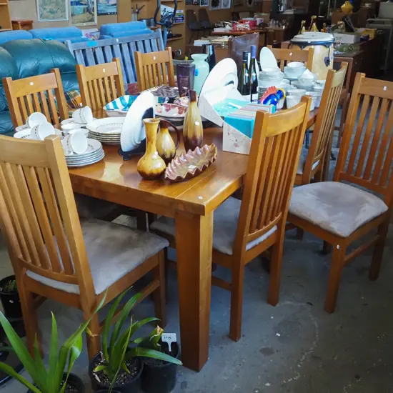 solid rimu and pacific kauri dining table with 6 suedette slat back chairs H770 W2100 D1095