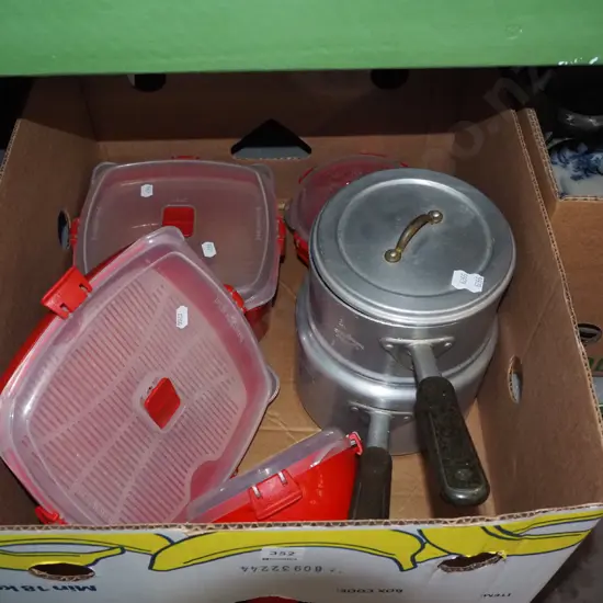 box; plastic containers, aluminium double boiler