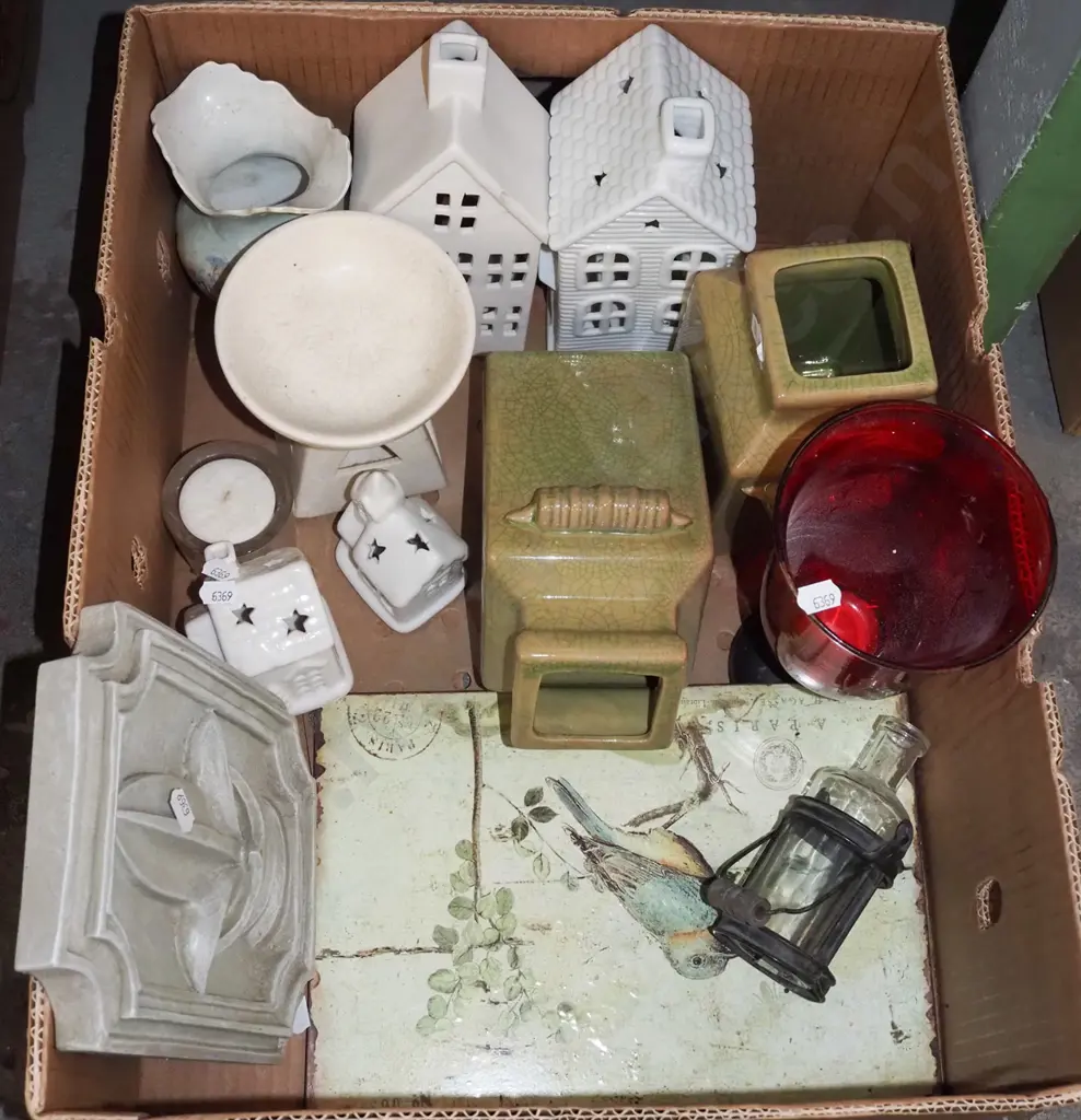 box; house themed candle lanterns, vases, glass goblet etc Image 1++