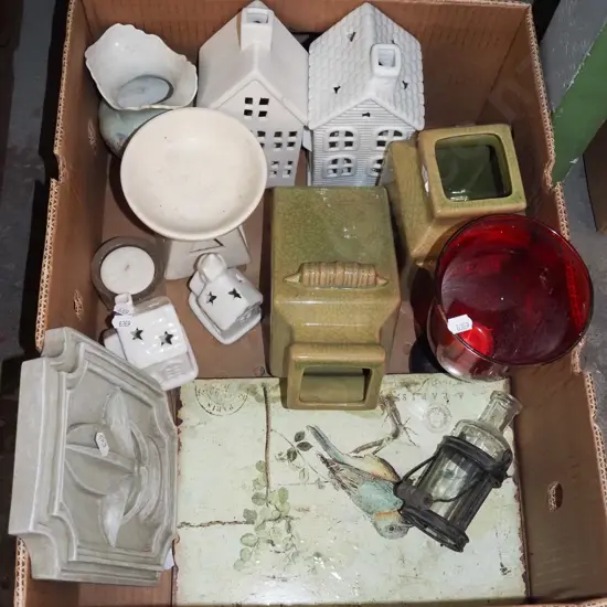 box; house themed candle lanterns, vases, glass goblet etc