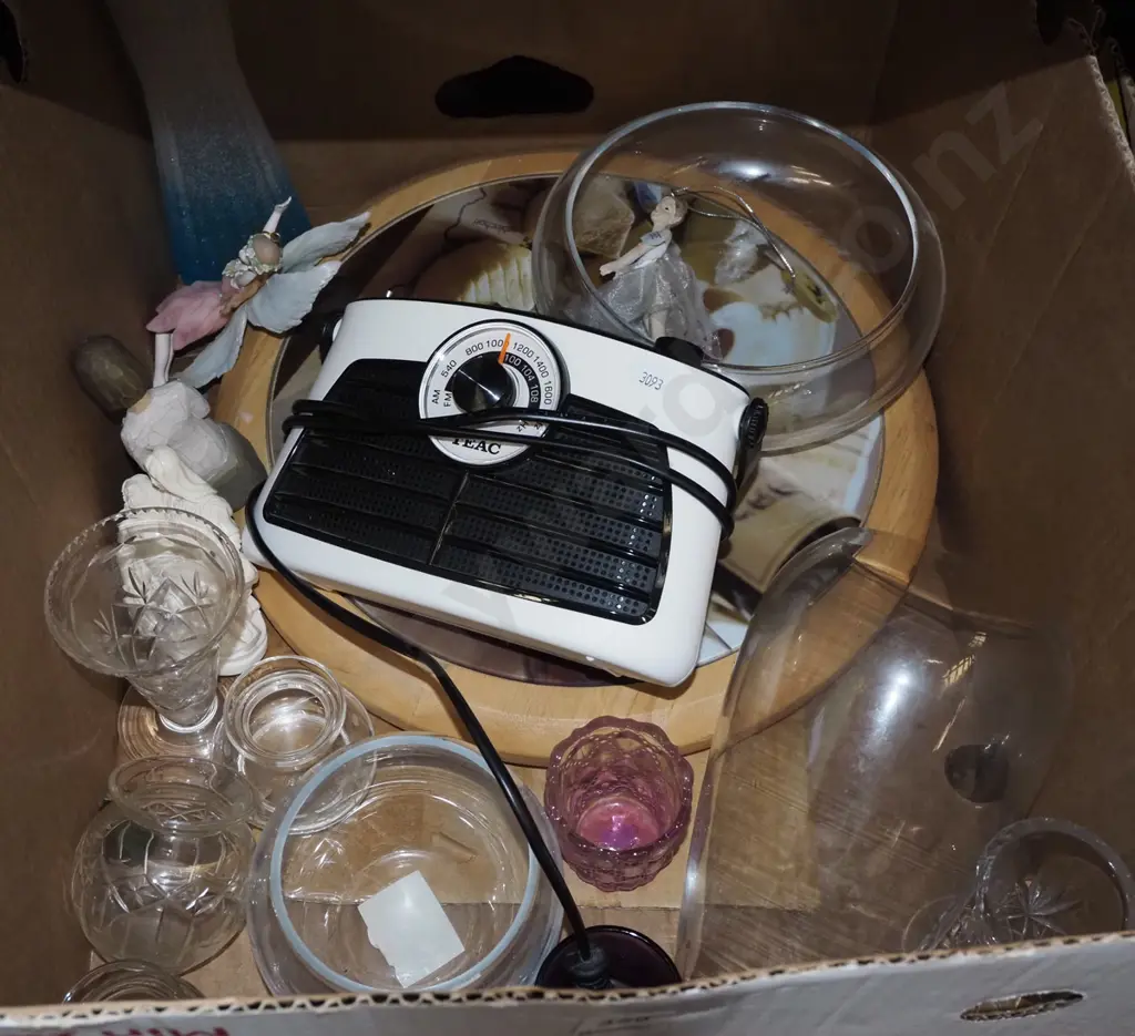 box; Teac radio, glass bowls, figurines, vases etc Image 1++