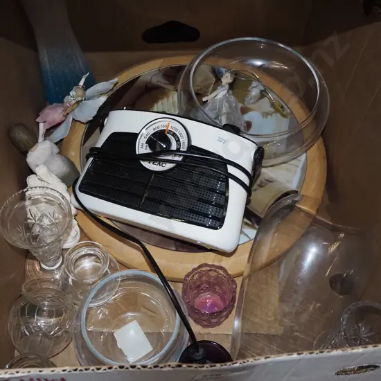 box; Teac radio, glass bowls, figurines, vases etc