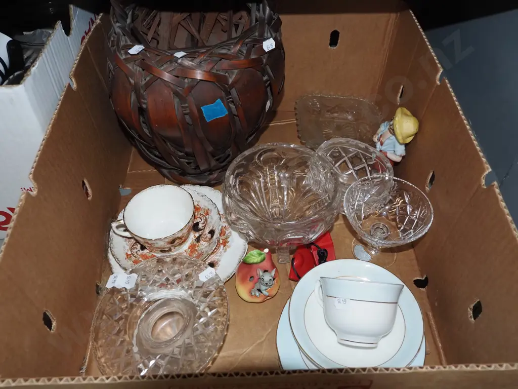 box; woven wood basket, trios, glass comports etc Image 1++