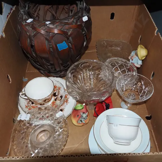 box; woven wood basket, trios, glass comports etc