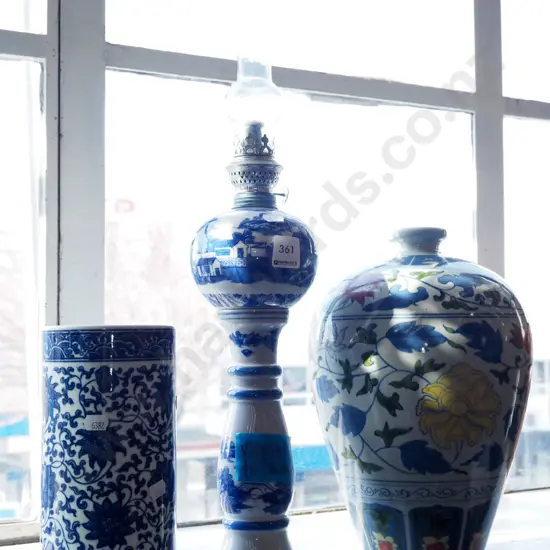 blue and white chrysanthemum canister, delft lantern - repair to base, multi coloured Chinese vase Lantern H550