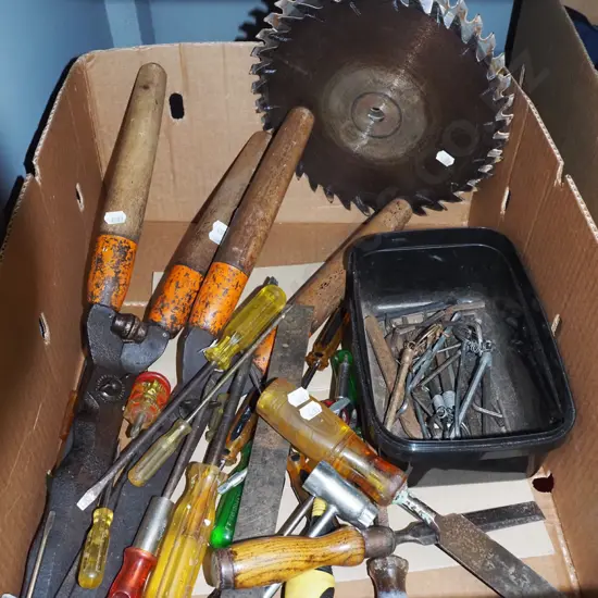 box of hand tools; saw blades, hedge trimmers etc