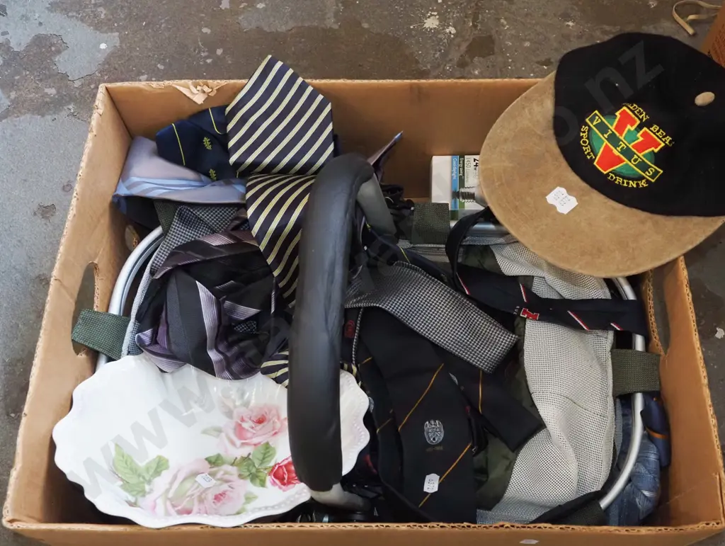 box; various ties, basket, cat etc Image 1++
