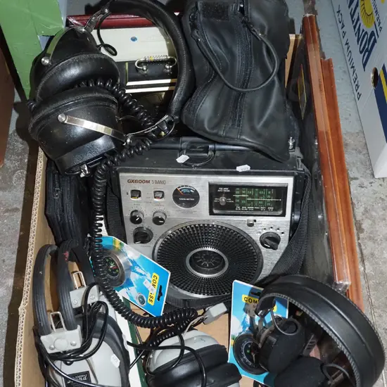 box; picture frames, radio, clock etc