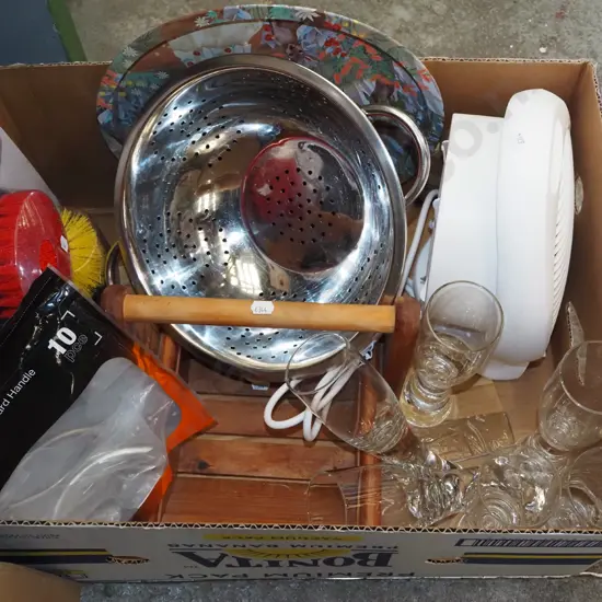 box; colander, cleaning brush set, basket, glass ware etc