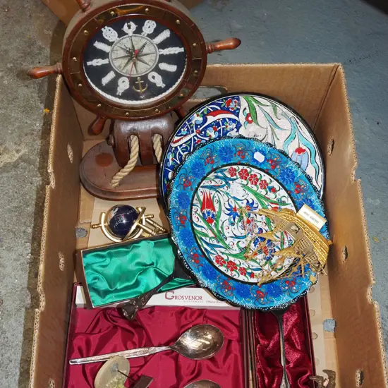 2x Portuguese/ hand painted plates, cased cutlery, clock etc