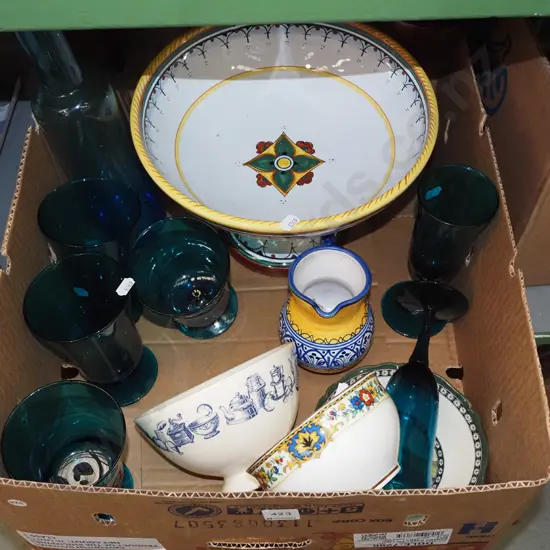 box; large Portuguese bowl, teal parfait glasses, bowls etc