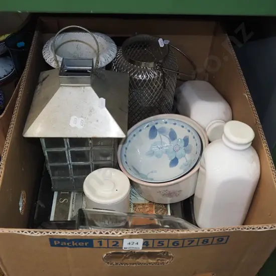 box; tea light lantern, stoppered bottles, vases etc