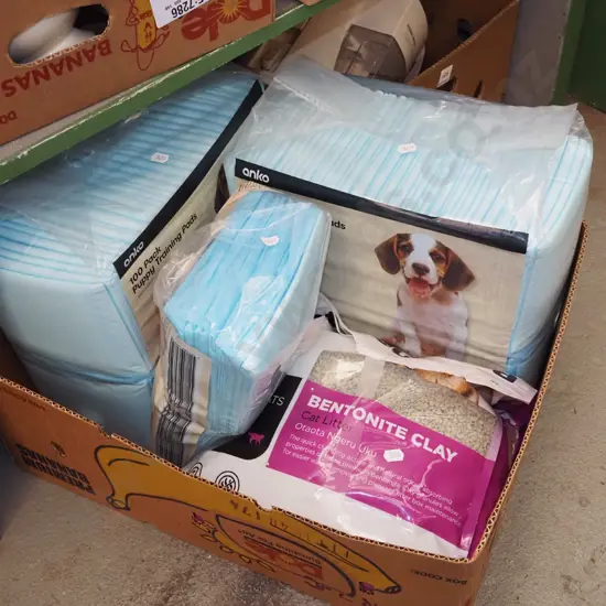 box; puppy training pads, cat litter