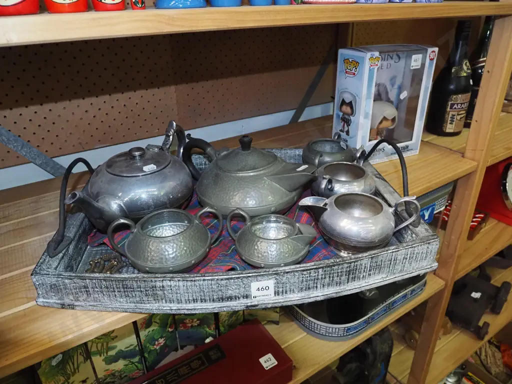 plated ware and pewter teapots, creamers, tray Image 1++