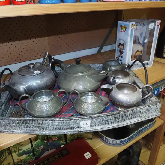 plated ware and pewter teapots, creamers, tray