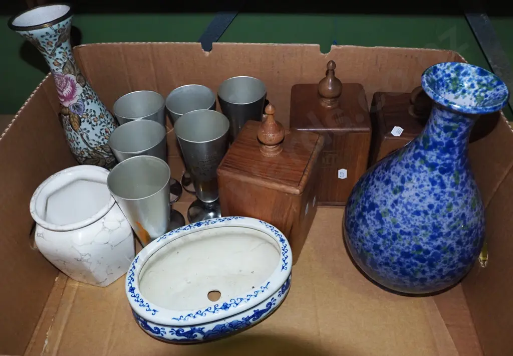 box; etched rugby themed wine glasses, wooden storage canisters etc Image 1++