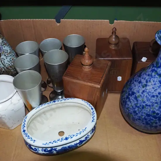 box; etched rugby themed wine glasses, wooden storage canisters etc