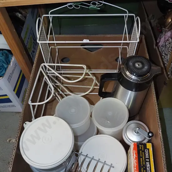 box; wall mounted shelves - missing glass, tupperware, coffee mill etc