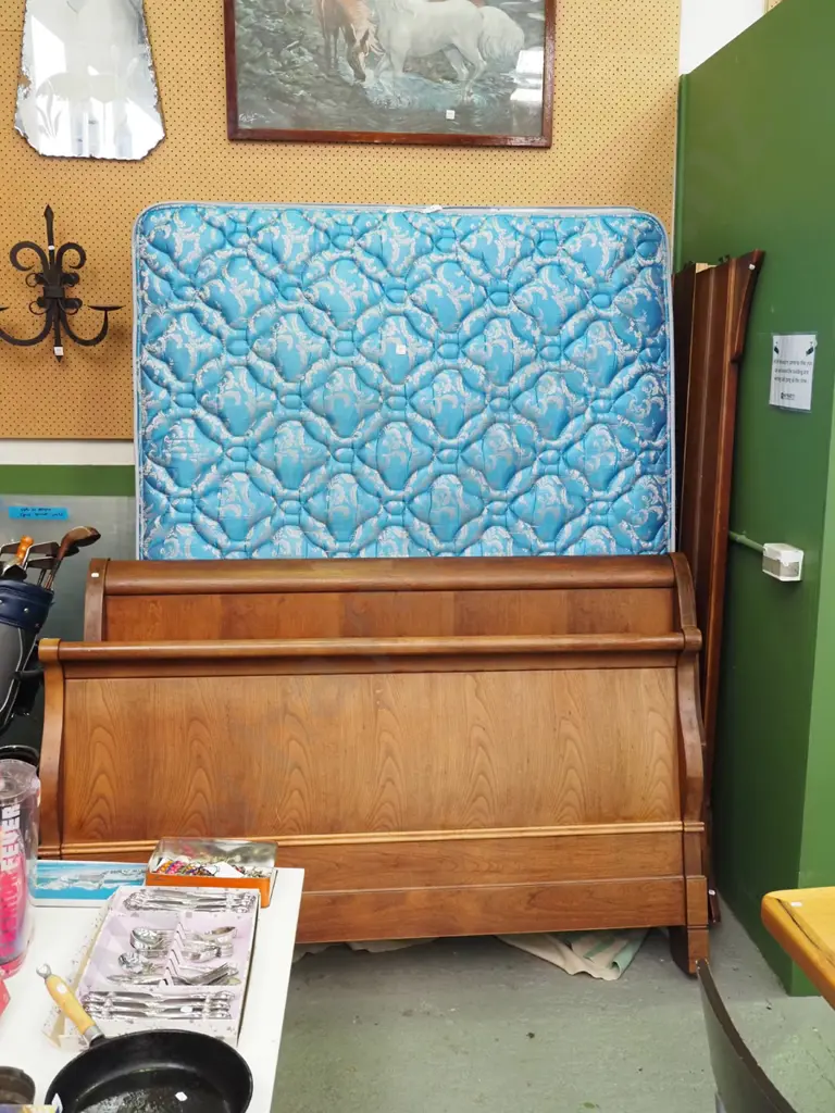 queen sleigh bed headboard and end, mattress and base Image 1++