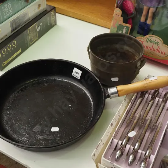 cast iron frying pan, small copper jardiniere
