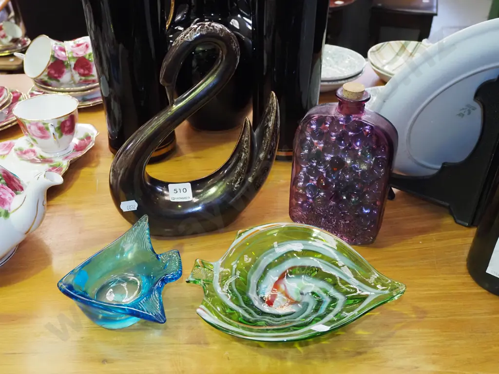 ornametal swan figurine, stoppered purple bottle, marbles etc Image 1++