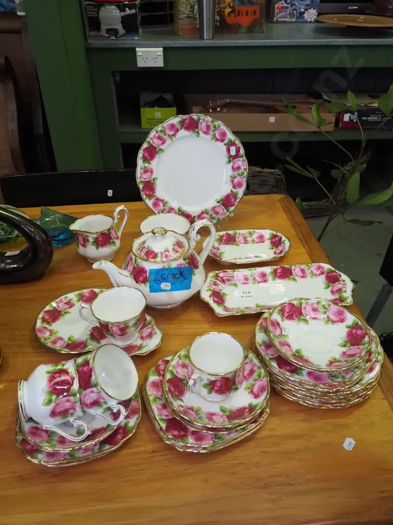 assorted Royal Albert Old English Rose cups, saucer, tennis set, teapot - has crack Image 1++