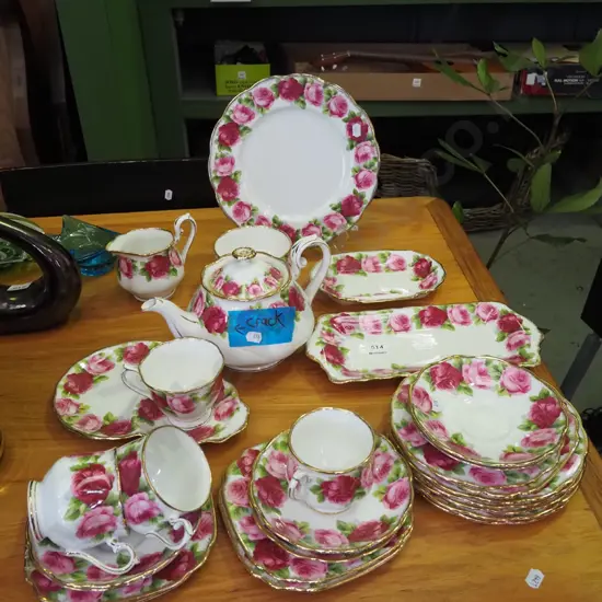 assorted Royal Albert Old English Rose cups, saucer, tennis set, teapot - has crack