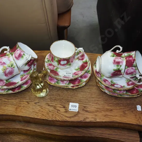 Royal Albert Old English Rose trios, glass dog figurine