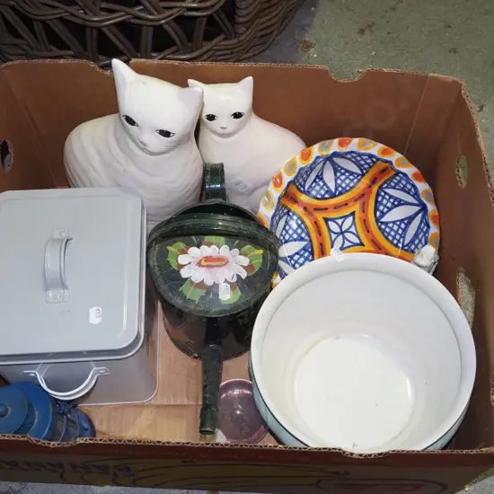 box; chamber pot, cat figurine, watering can