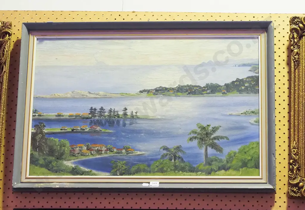 framed oil on board - coastal settlement Image 1++