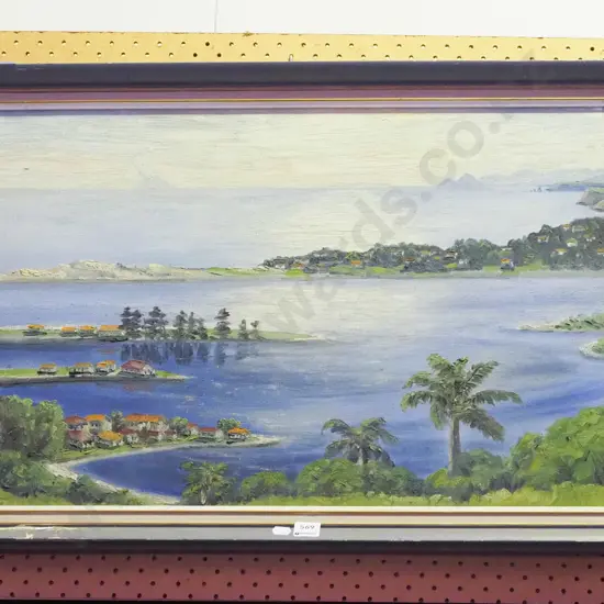 framed oil on board - coastal settlement