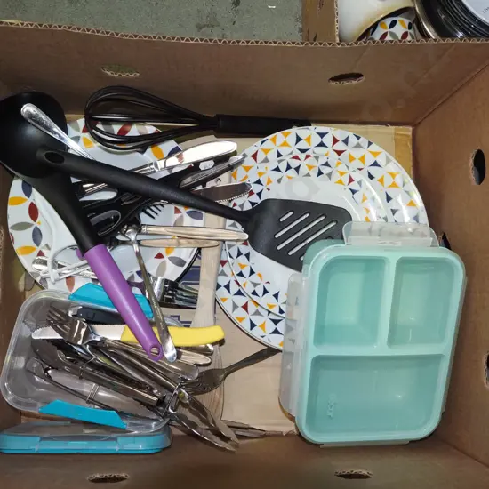 box; kitchen cutlery, plates etc
