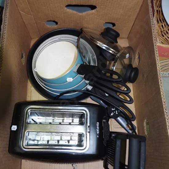 box; cheese grater, toastie, pots, lids