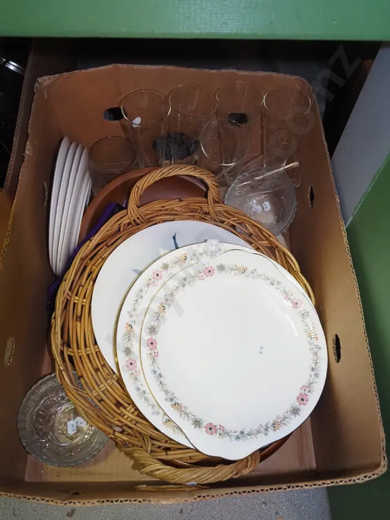 box; cane tray, etched parfait glasses, Paragon plates etc Image 1++