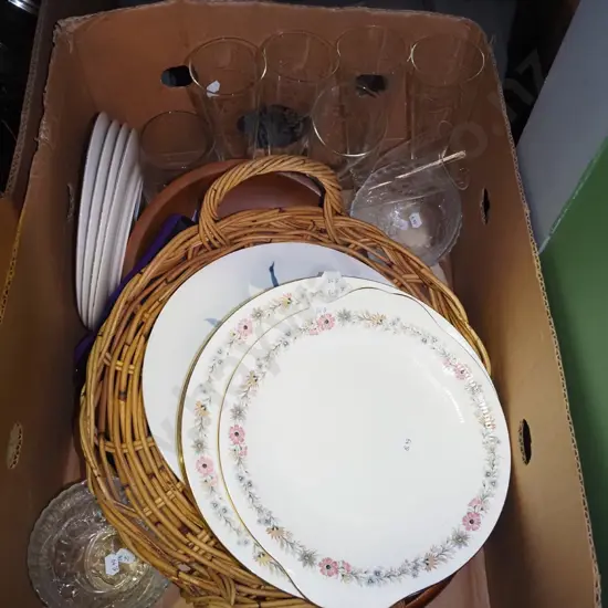 box; cane tray, etched parfait glasses, Paragon plates etc